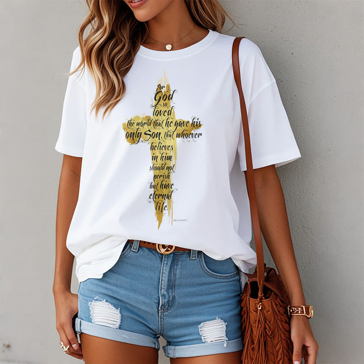 T-shirt à manches courtes Christianartworkshop avec citation et verset biblique « Croix dorée » - Jean 3:16 - image 2