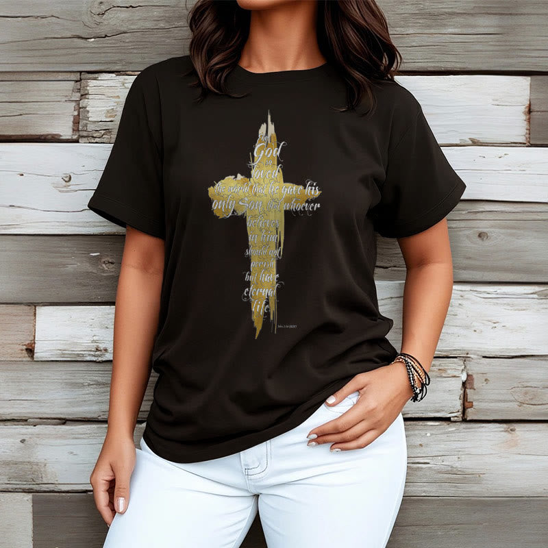 T-shirt à manches courtes Christianartworkshop avec citation et verset biblique « Croix dorée » - Jean 3:16 - image 5