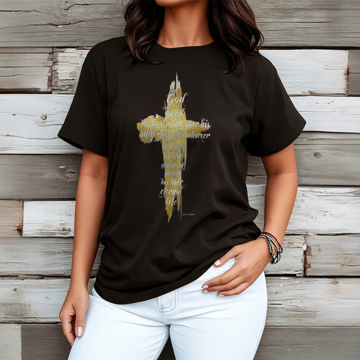 T-shirt à manches courtes Christianartworkshop avec citation et verset biblique « Croix dorée » - Jean 3:16 - image 5
