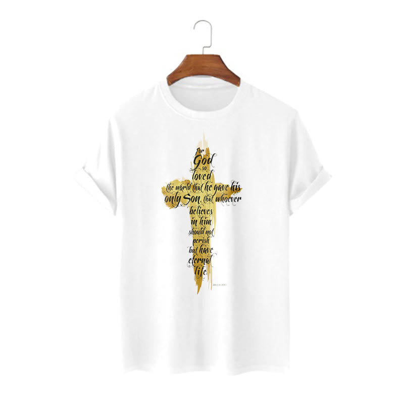 T-shirt à manches courtes Christianartworkshop avec citation et verset biblique « Croix dorée » - Jean 3:16 - Blanc - 2XL - image 0