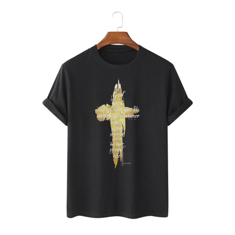 T-shirt à manches courtes Christianartworkshop avec citation et verset biblique « Croix dorée » - Jean 3:16 - Noir - 2XL - image 3