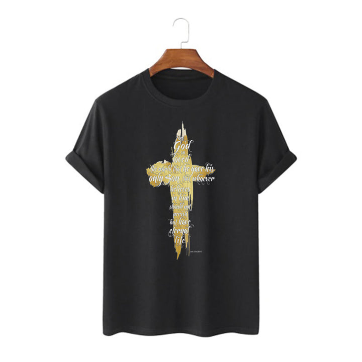 T-shirt à manches courtes Christianartworkshop avec citation et verset biblique « Croix dorée » - Jean 3:16 - Noir - 2XL - image 3