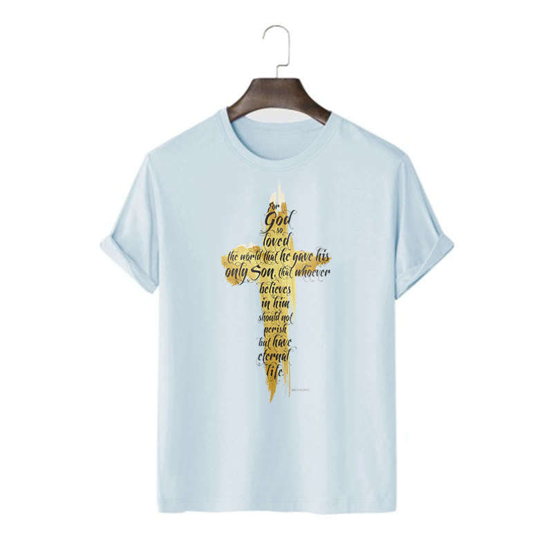 T-shirt à manches courtes Christianartworkshop avec citation et verset biblique « Croix dorée » - Jean 3:16 - Bleu - 2XL - image 17