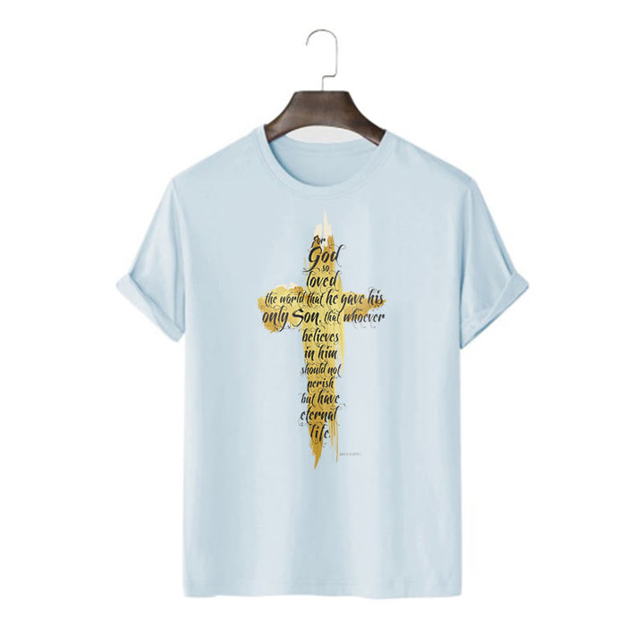 T-shirt à manches courtes Christianartworkshop avec citation et verset biblique « Croix dorée » - Jean 3:16 - Bleu - 2XL - image 17