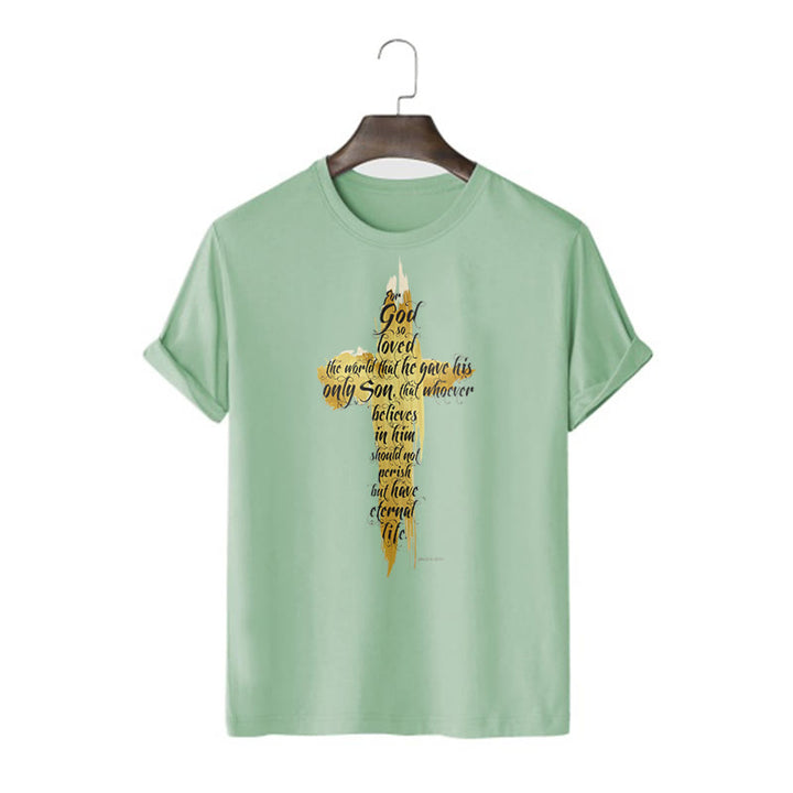 T-shirt à manches courtes Christianartworkshop avec citation et verset biblique « Croix dorée » - Jean 3:16 - Vert clair - 2XL - image 11