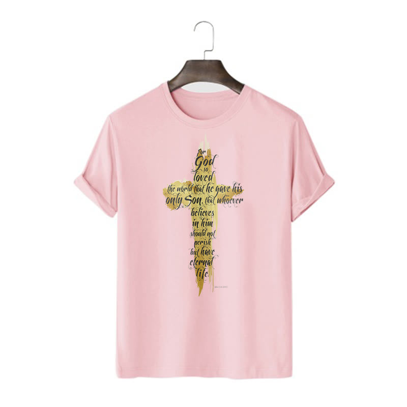 T-shirt à manches courtes Christianartworkshop avec citation et verset biblique « Croix dorée » - Jean 3:16 - Rose - 2XL - image 13