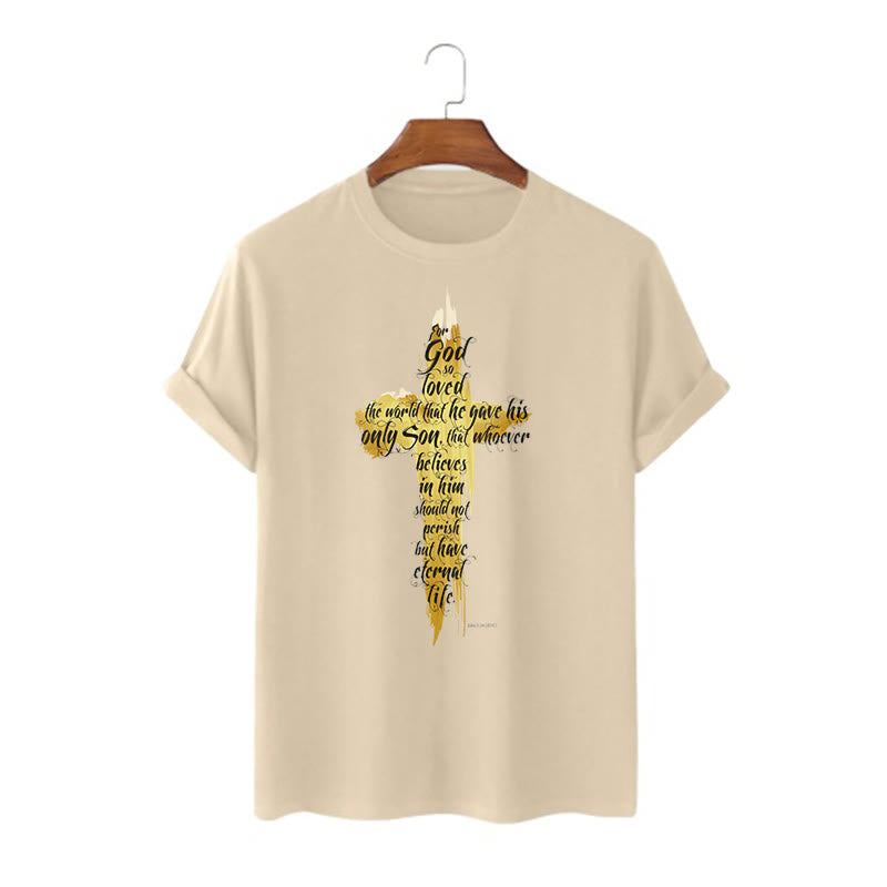 T-shirt à manches courtes Christianartworkshop avec citation et verset biblique « Croix dorée » - Jean 3:16 - Kaki - 2XL - image 7