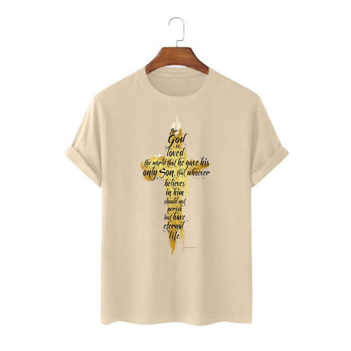 T-shirt à manches courtes Christianartworkshop avec citation et verset biblique « Croix dorée » - Jean 3:16 - Kaki - 2XL - image 7