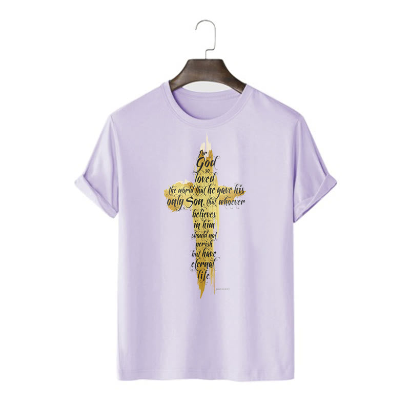T-shirt à manches courtes Christianartworkshop avec citation et verset biblique « Croix dorée » - Jean 3:16 - Violet - 2XL - image 15