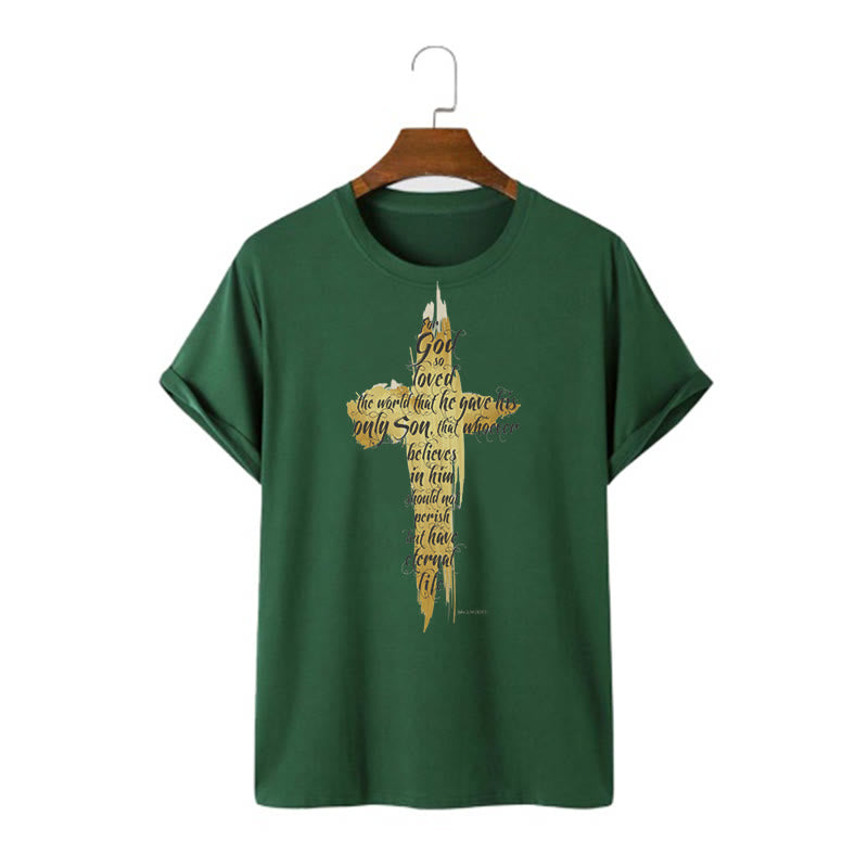 T-shirt à manches courtes Christianartworkshop avec citation et verset biblique « Croix dorée » - Jean 3:16 - Vert foncé - 2XL - image 9
