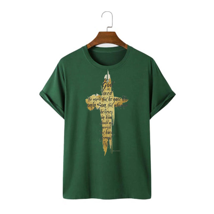 T-shirt à manches courtes Christianartworkshop avec citation et verset biblique « Croix dorée » - Jean 3:16 - Vert foncé - 2XL - image 9