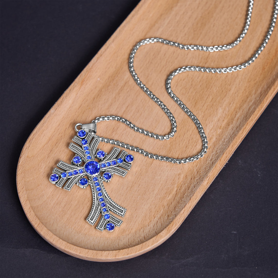 Christianartworkshop Collier pendentif croix en pierres précieuses bleues style bohème rétro - Bleu - image 0