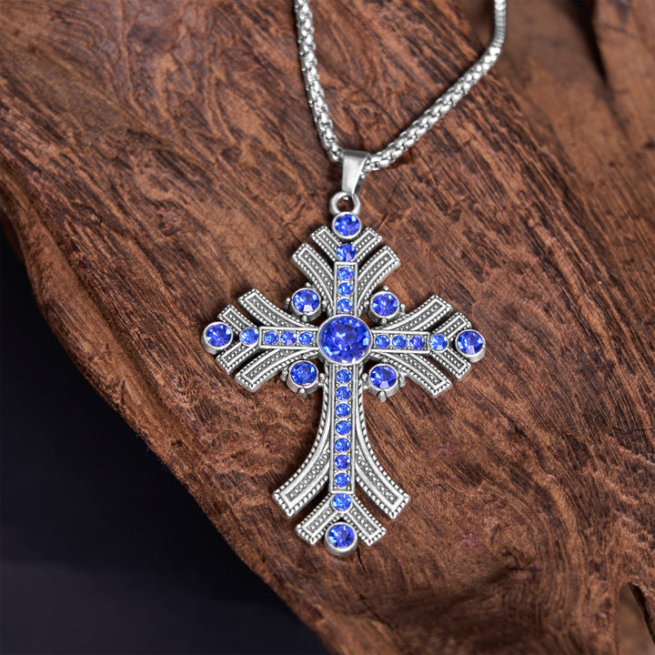Christianartworkshop Collier pendentif croix en pierres précieuses bleues style bohème rétro - image 2