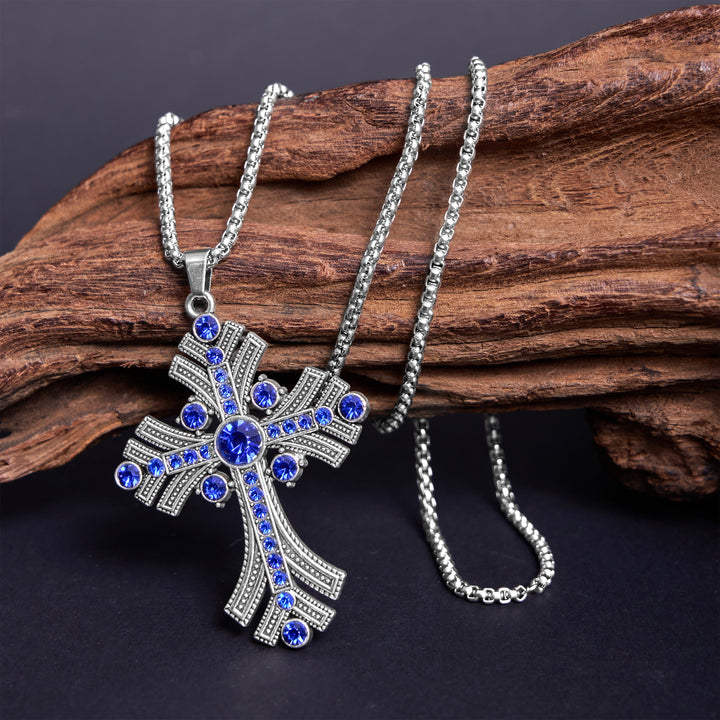 Christianartworkshop Collier pendentif croix en pierres précieuses bleues style bohème rétro - image 3