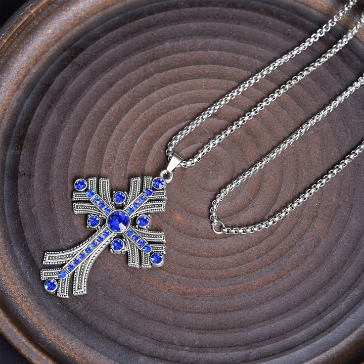 Christianartworkshop Collier pendentif croix en pierres précieuses bleues style bohème rétro - image 1