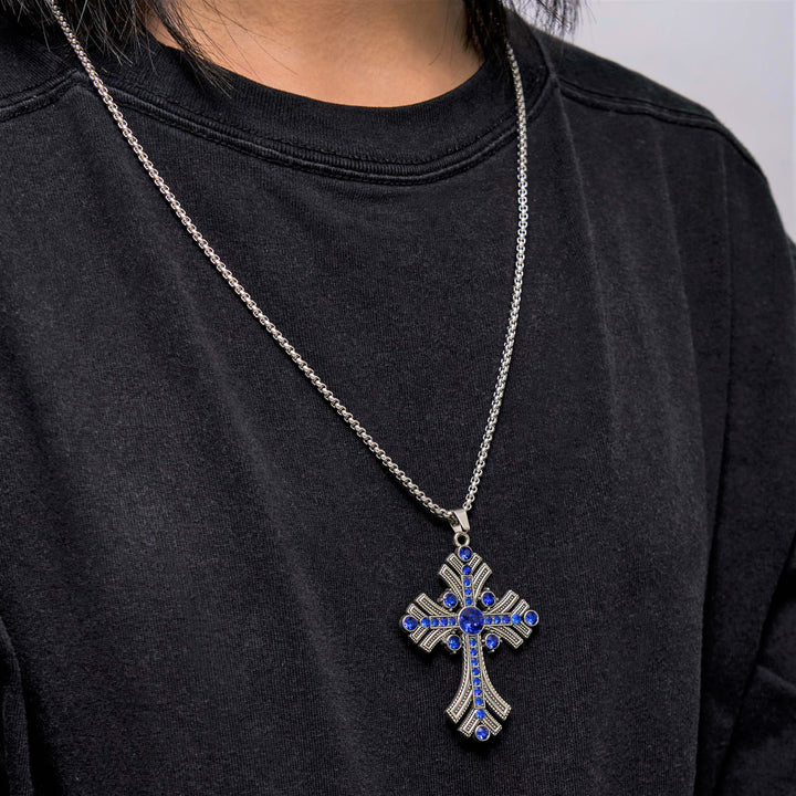 Christianartworkshop Collier pendentif croix en pierres précieuses bleues style bohème rétro - image 4