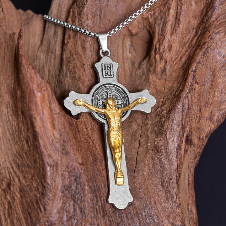 Christianartworkshop Collier pendentif en alliage avec icône de saint Benoît et crucifix de Jésus, style classique - Croix de Jésus - Chaîne latérale - image 0
