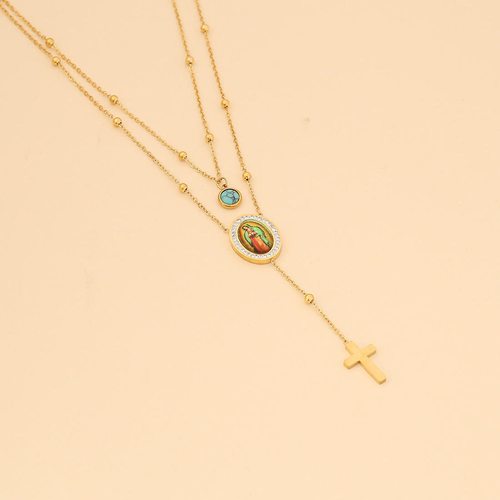 Christianartworkshop Collier croix turquoise double rang style minimaliste Notre-Dame de Guadalupe - image 1