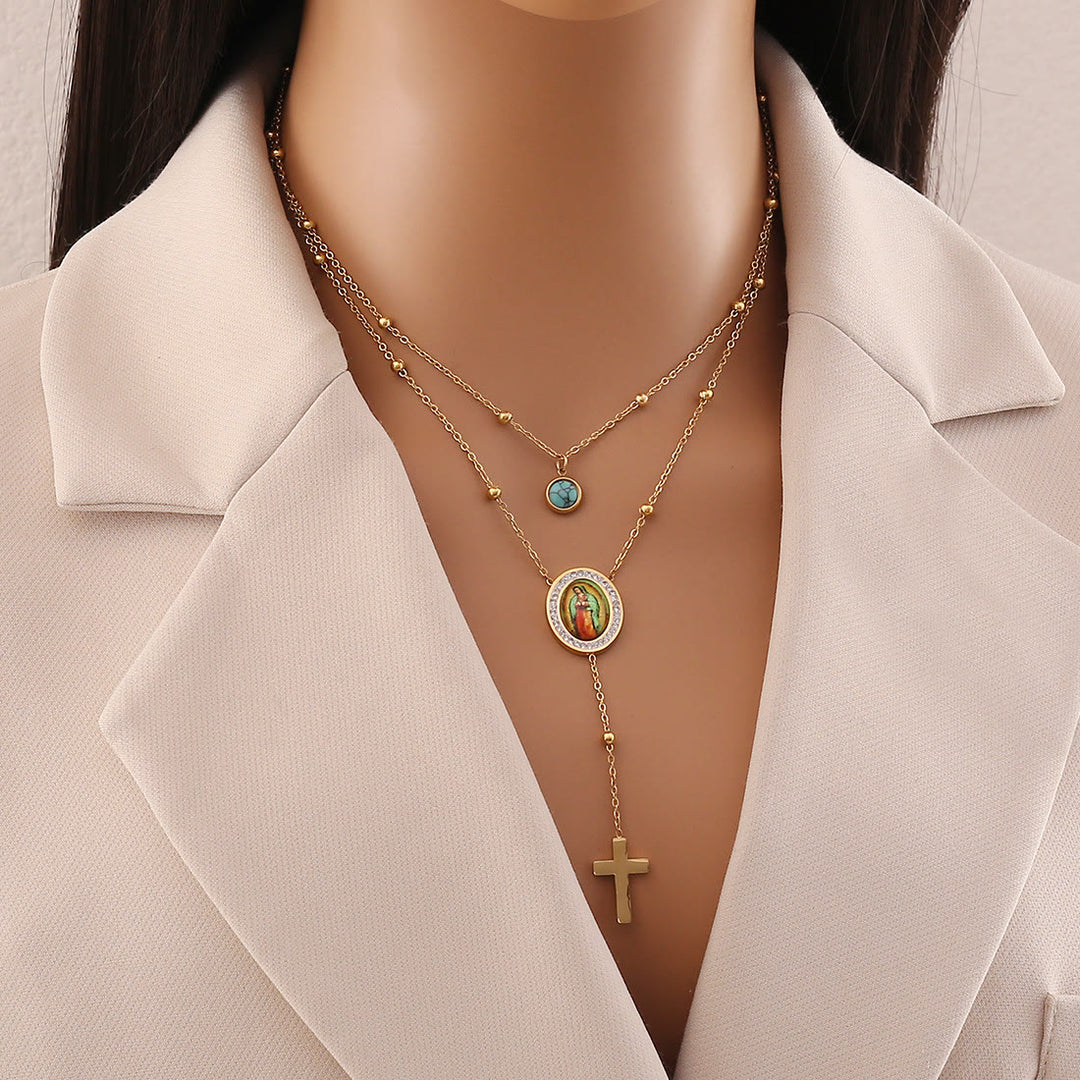 Christianartworkshop Collier croix turquoise double rang style minimaliste Notre-Dame de Guadalupe - Chaîne à plusieurs couches - image 0