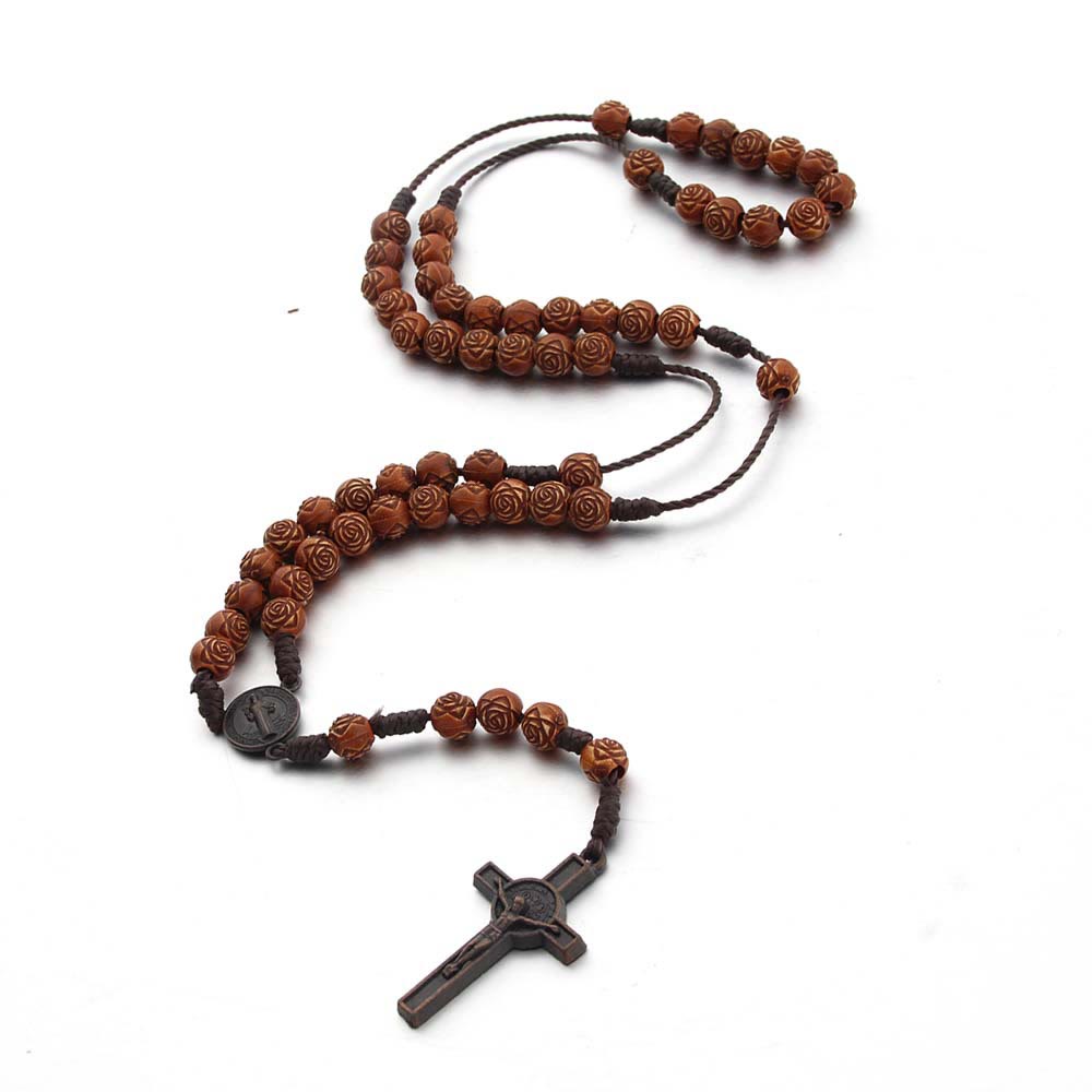 Christianartworkshop Médaille de Saint Benoît et crucifix en cordon de nylon acrylique rose marron de 8 mm - image 1