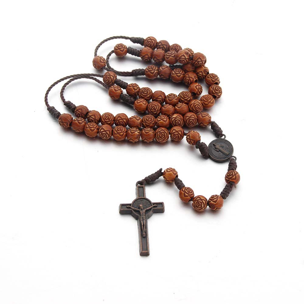 Christianartworkshop Médaille de Saint Benoît et crucifix en cordon de nylon acrylique rose marron de 8 mm - image 2