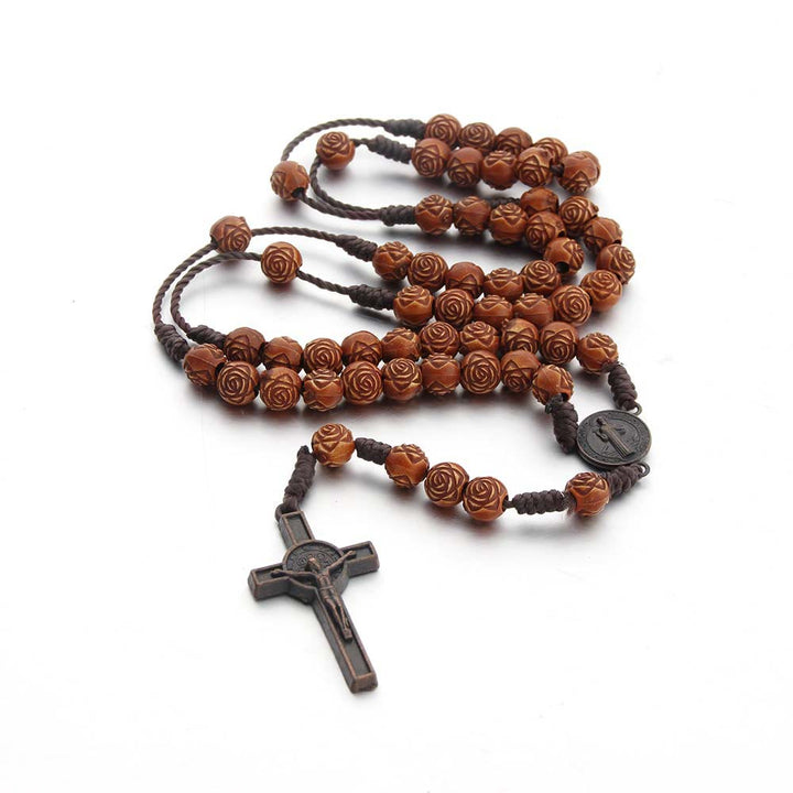 Christianartworkshop Médaille de Saint Benoît et crucifix en cordon de nylon acrylique rose marron de 8 mm - Brun - image 0