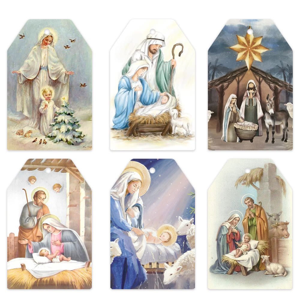 Christianartworkshop Accessoires de décoration de crèche de Noël à suspendre, style doux et traditionnel, étiquettes cadeaux (60 pièces) - Style d'illustration douce - image 0