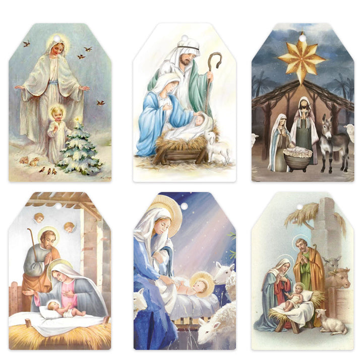 Christianartworkshop Accessoires de décoration de crèche de Noël à suspendre, style doux et traditionnel, étiquettes cadeaux (60 pièces) - Style d'illustration douce - image 0