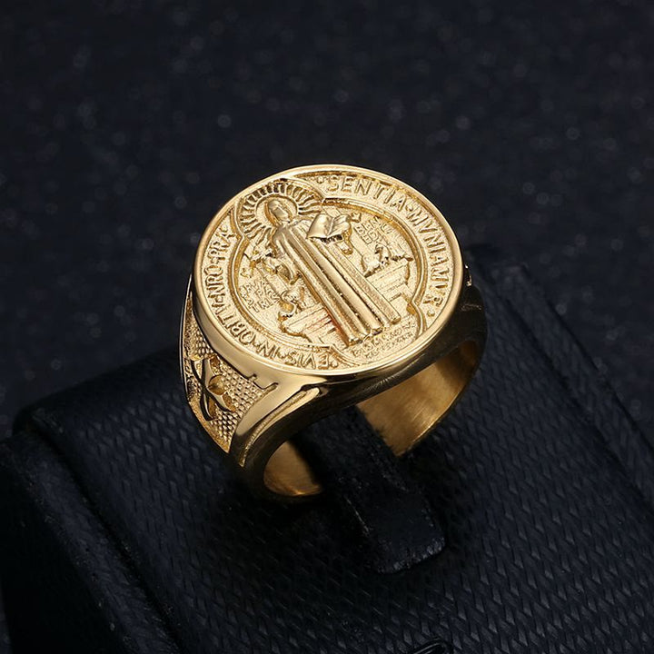 Bague en acier titane Christianartworkshop classique rétro Saint Benoît, symbole de foi et de protection. - image 2