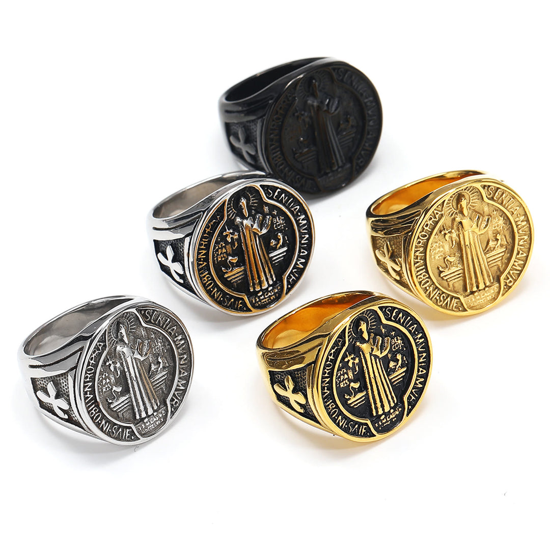 Bague en acier titane Christianartworkshop classique rétro Saint Benoît, symbole de foi et de protection. - image 4