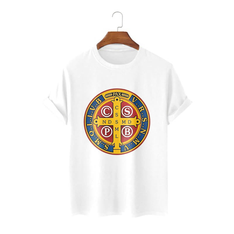 T-shirt à manches courtes Christianartworkshop style classique avec médaille dorée de Saint Benoît - Blanc - 2XL - image 4