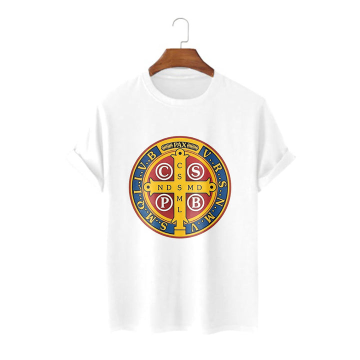 T-shirt à manches courtes Christianartworkshop style classique avec médaille dorée de Saint Benoît - Blanc - 2XL - image 4
