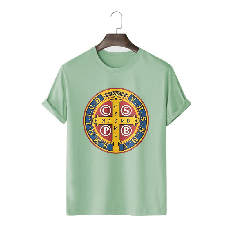 T-shirt à manches courtes Christianartworkshop style classique avec médaille dorée de Saint Benoît - Vert clair - 2XL - image 11