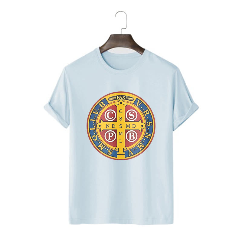 T-shirt à manches courtes Christianartworkshop style classique avec médaille dorée de Saint Benoît - Bleu - 2XL - image 17