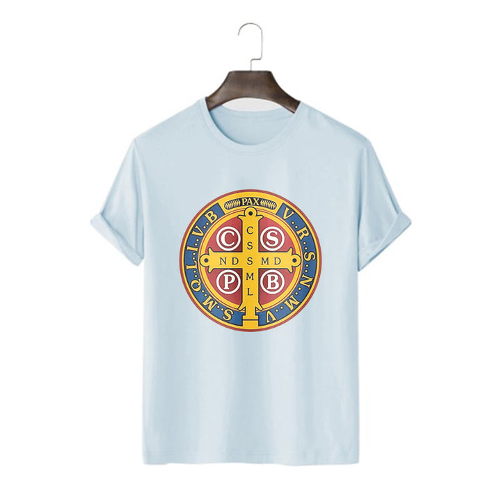 T-shirt à manches courtes Christianartworkshop style classique avec médaille dorée de Saint Benoît - Bleu - 2XL - image 17