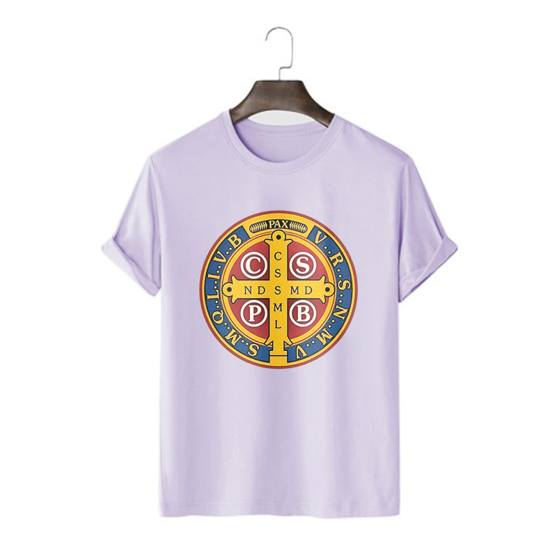 T-shirt à manches courtes Christianartworkshop style classique avec médaille dorée de Saint Benoît - Violet - 2XL - image 15