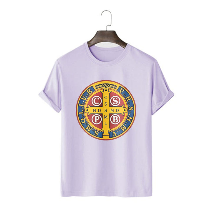T-shirt à manches courtes Christianartworkshop style classique avec médaille dorée de Saint Benoît - Violet - 2XL - image 15
