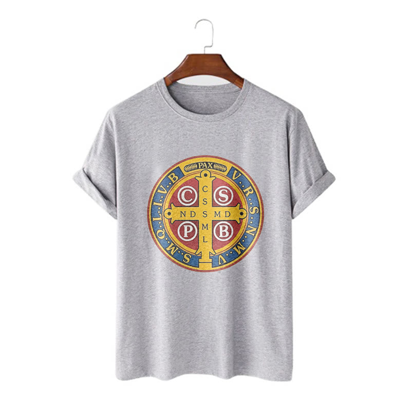 T-shirt à manches courtes Christianartworkshop style classique avec médaille dorée de Saint Benoît - Gris - 2XL - image 18