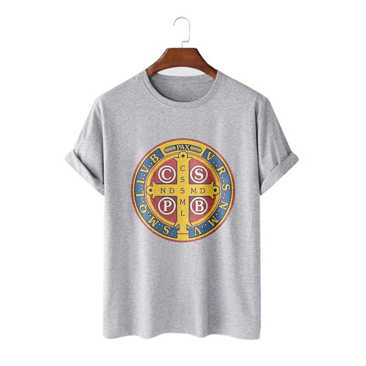 T-shirt à manches courtes Christianartworkshop style classique avec médaille dorée de Saint Benoît - Gris - 2XL - image 18
