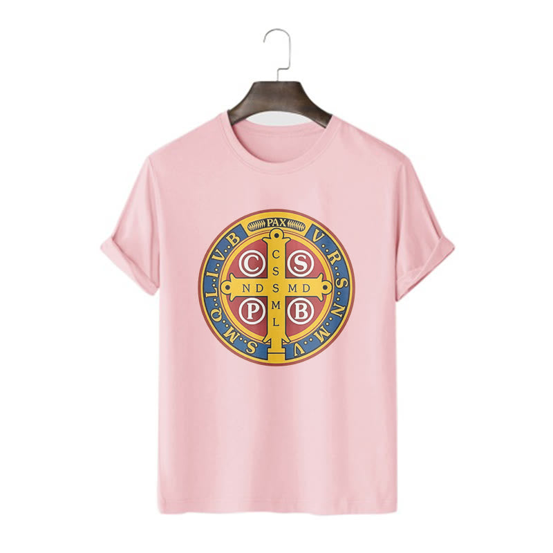 T-shirt à manches courtes Christianartworkshop style classique avec médaille dorée de Saint Benoît - Rose - 2XL - image 13