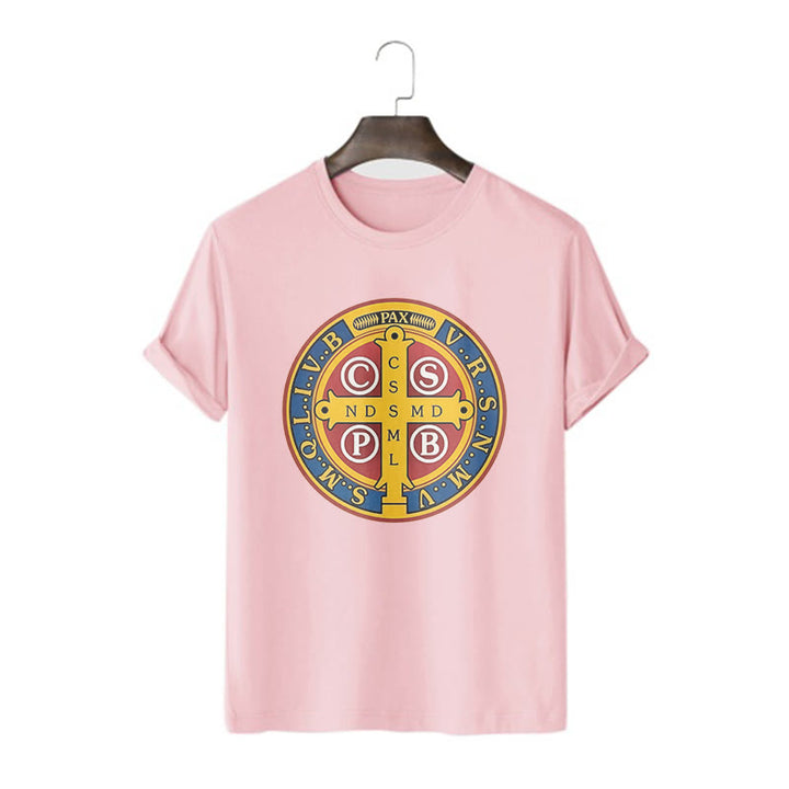 T-shirt à manches courtes Christianartworkshop style classique avec médaille dorée de Saint Benoît - Rose - 2XL - image 13