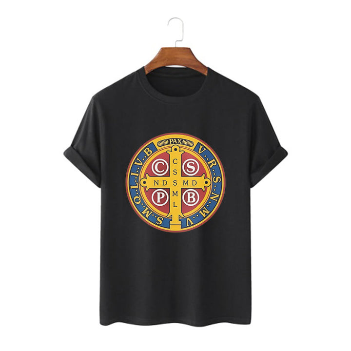 T-shirt à manches courtes Christianartworkshop style classique avec médaille dorée de Saint Benoît - Noir - 2XL - image 0