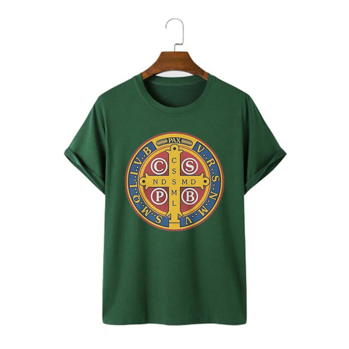 T-shirt à manches courtes Christianartworkshop style classique avec médaille dorée de Saint Benoît - Vert foncé - 2XL - image 9