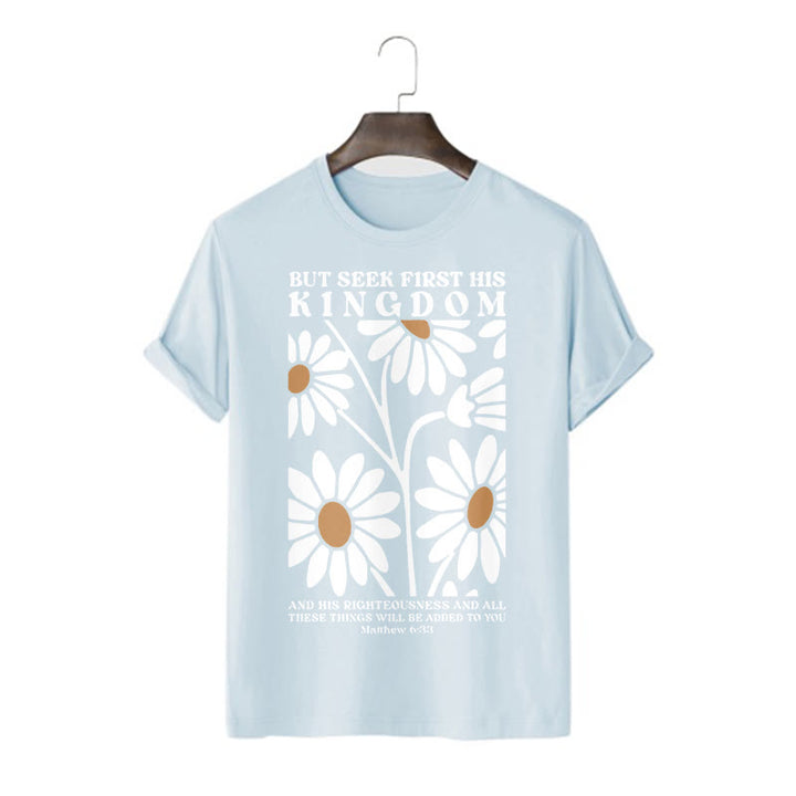 T-shirt à manches courtes fleuri Christianartworkshop avec citation de Matthieu 6:33 : « Cherchez d’abord son royaume ». - Bleu - 2XL - image 14