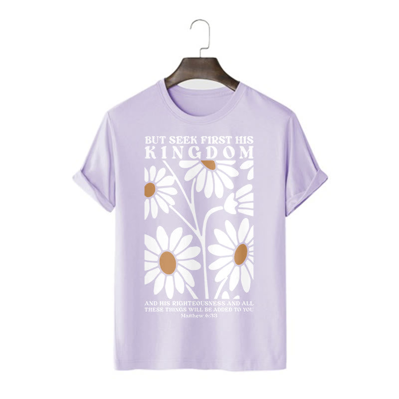 T-shirt à manches courtes fleuri Christianartworkshop avec citation de Matthieu 6:33 : « Cherchez d’abord son royaume ». - Violet - 2XL - image 12