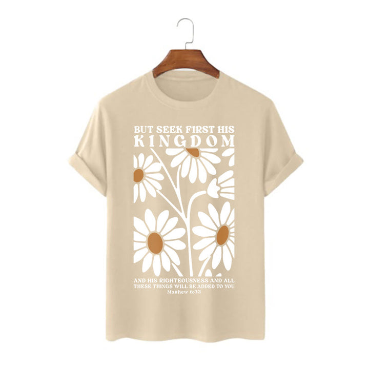 T-shirt à manches courtes fleuri Christianartworkshop avec citation de Matthieu 6:33 : « Cherchez d’abord son royaume ». - Kaki - 2XL - image 4
