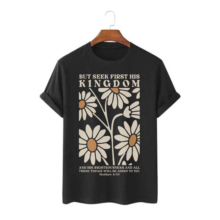 T-shirt à manches courtes fleuri Christianartworkshop avec citation de Matthieu 6:33 : « Cherchez d’abord son royaume ». - Noir - 2XL - image 0
