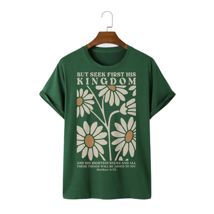 T-shirt à manches courtes fleuri Christianartworkshop avec citation de Matthieu 6:33 : « Cherchez d’abord son royaume ». - Vert foncé - 2XL - image 6