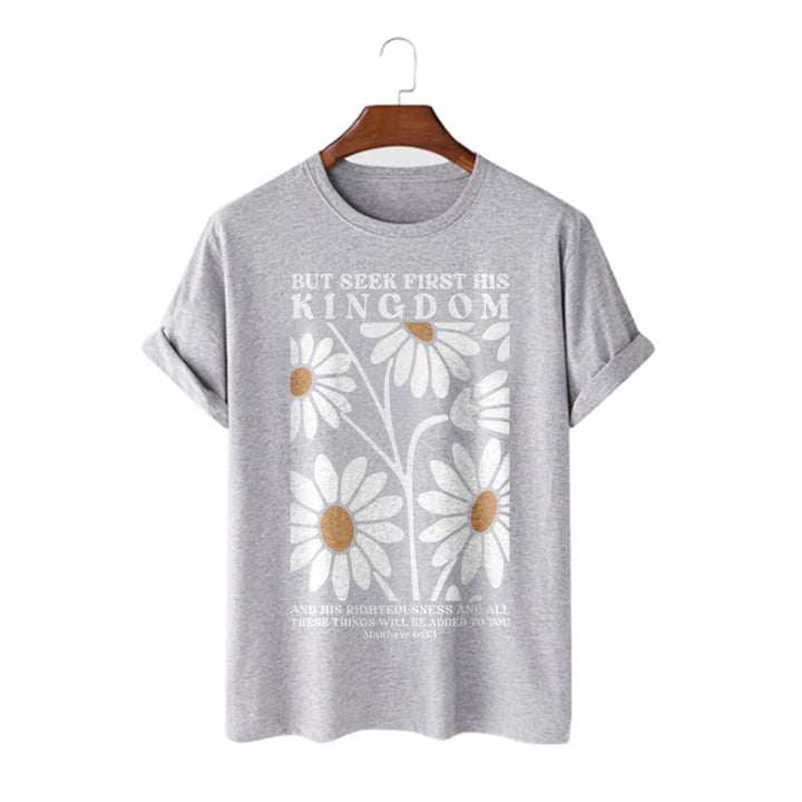 T-shirt à manches courtes fleuri Christianartworkshop avec citation de Matthieu 6:33 : « Cherchez d’abord son royaume ». - Gris - 2XL - image 15