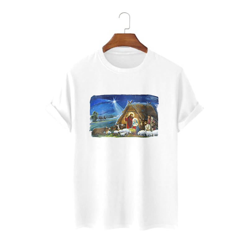 T-shirt à manches courtes Christianartworkshop, style coloré, étoile de Bethléem, scène de la Nativité - Blanc - 2XL - image 0